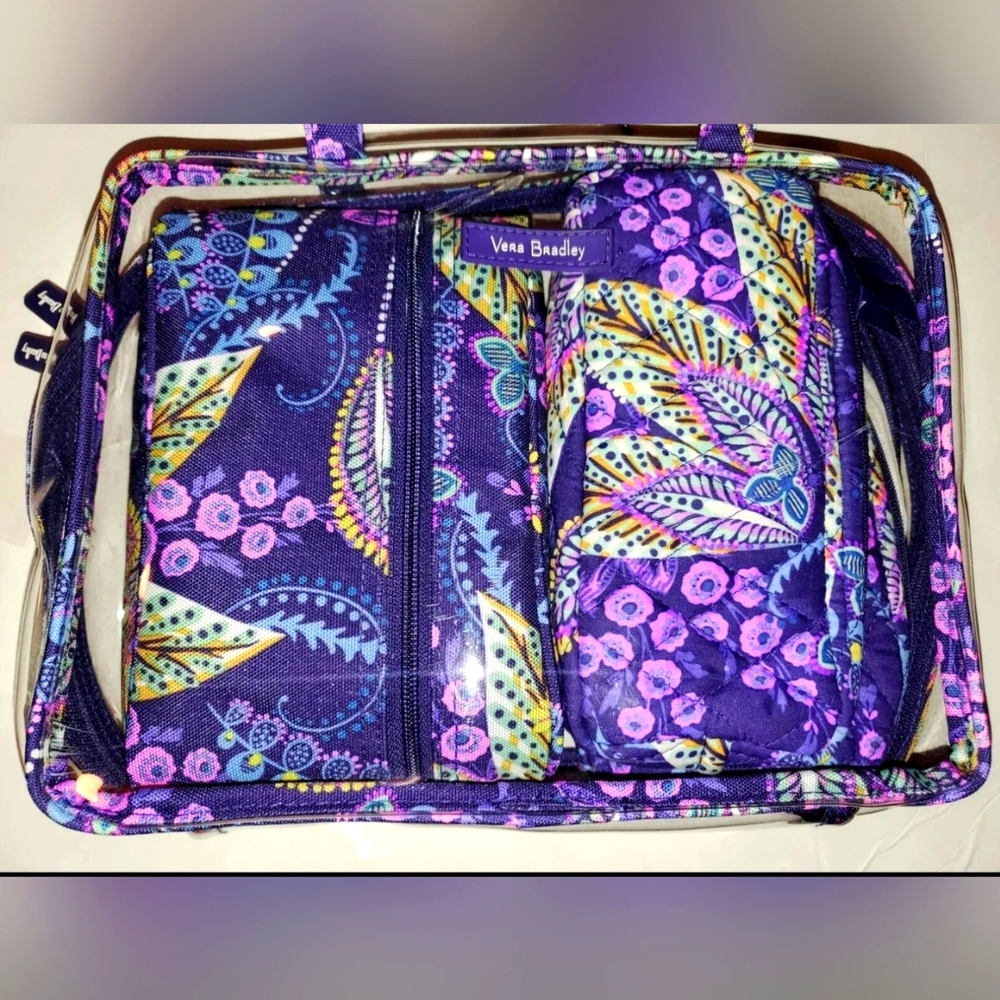 VERA BRADLEY **NWT! 4pc Cosmetic Makeup Travel Set Basik Leaves Paisley Purple!!